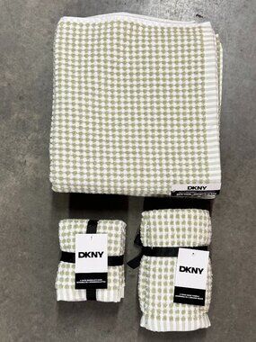 8 Pc. DKNY Monet Tile Green White Squares Dots Stripes Bath Towel Towels Gingham